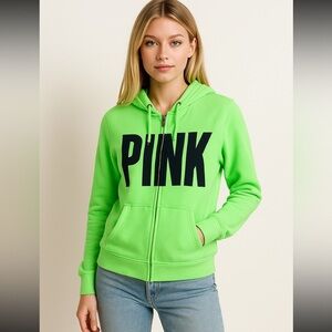Y2K Victoria’s Secret PINK Womens Neon Green Zip Up Hoodie XS Black Logo Retro
